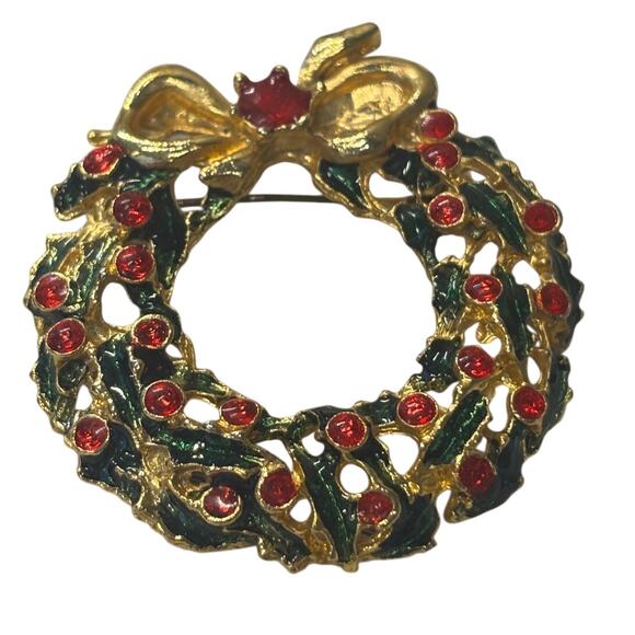 Vintage Brooch Costume Jewelry Christmas Enamel Wreath Pin Gold with Red Ruby - Picture 1 of 7